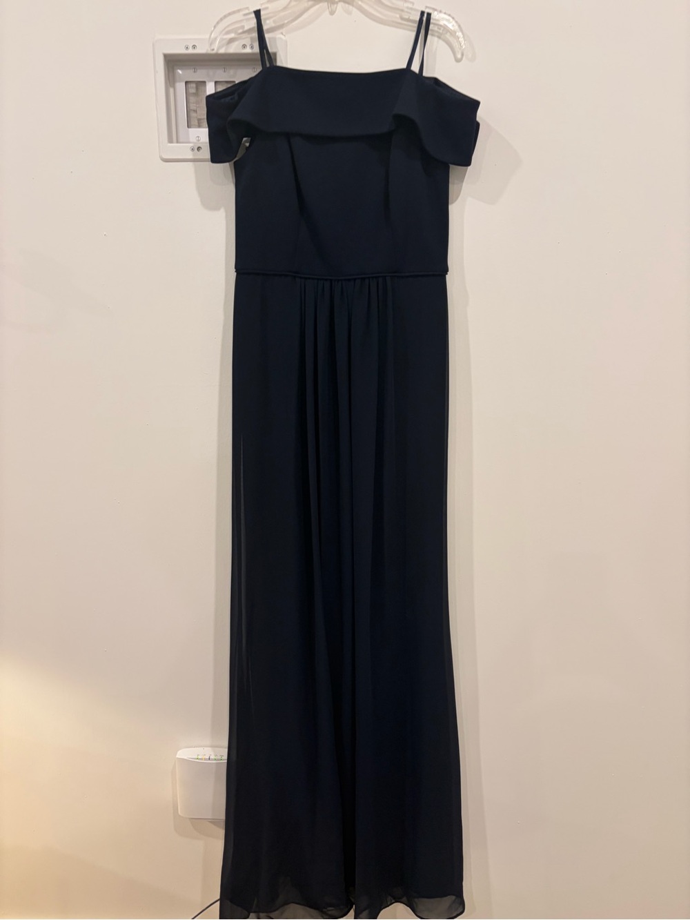 Adrianna Papell Navy Off-Shoulder Maxi Dress with Spaghetti Straps